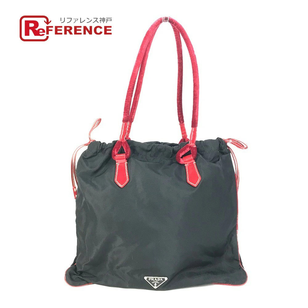 PRADA Bicolor Logo Drawstring Tote Bag Shoulder Handbag Enamel Black - Picture 1 of 15